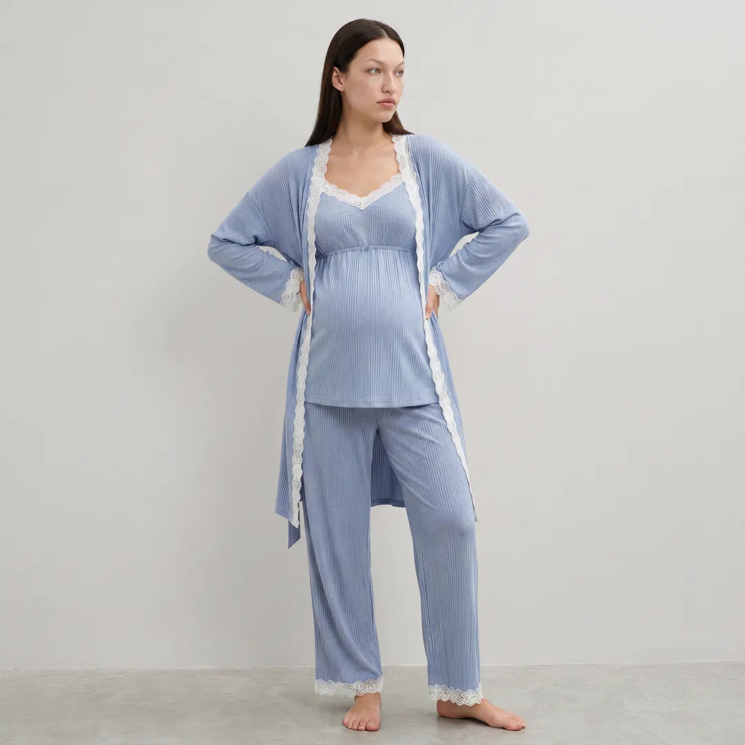 Blue maternity cotton lounge set lace trim robe cami and trousers, three-quarter front studio view