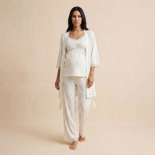 Floral maternity cotton lounge set three-piece robe cami and trousers, full length front studio view