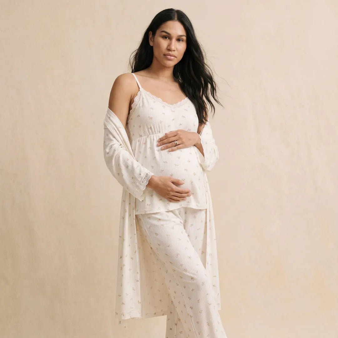 Floral maternity cotton lounge set open robe lace cami neckline, three-quarter front studio view