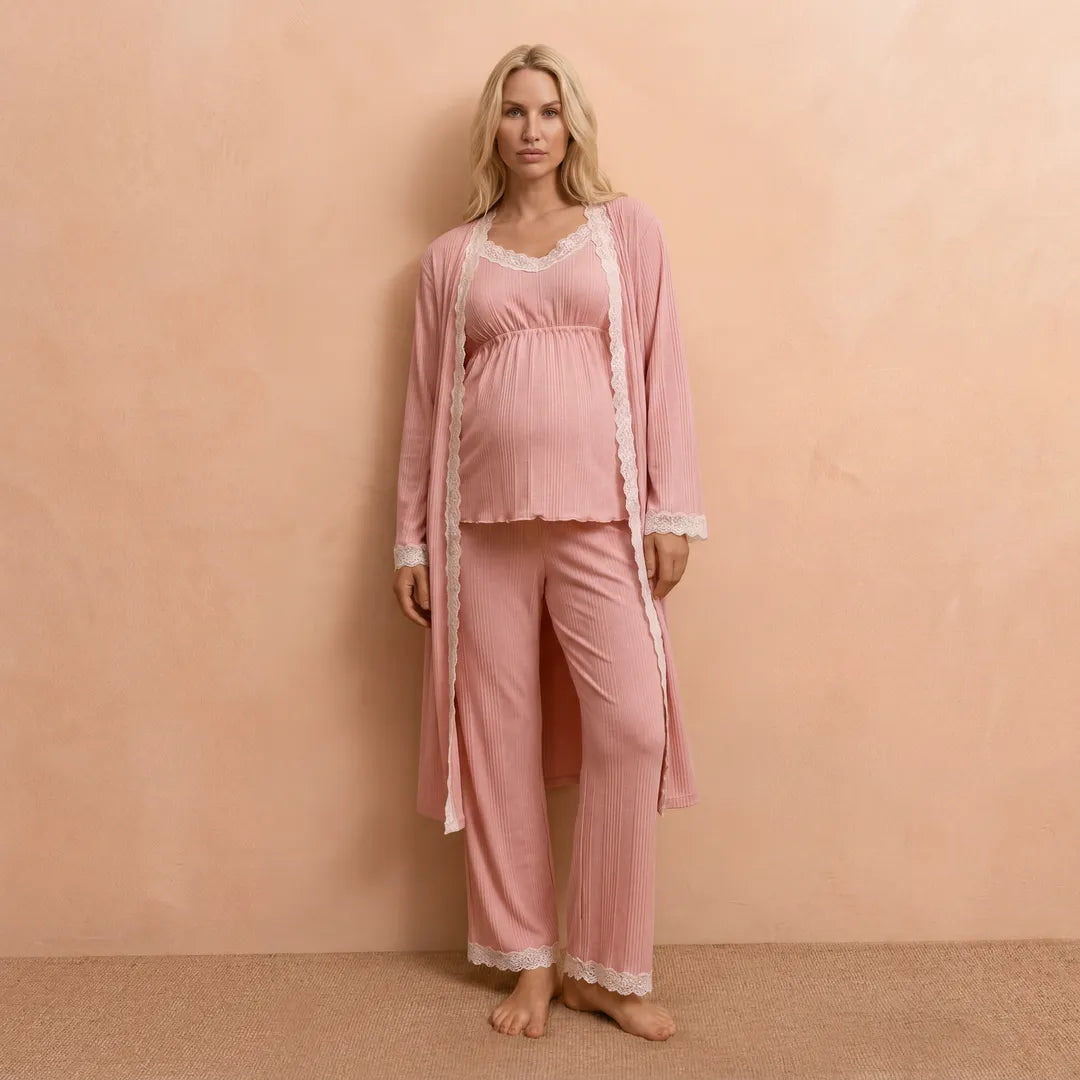 Pink maternity cotton lounge set ribbed lace robe cami and trousers, full length front studio view