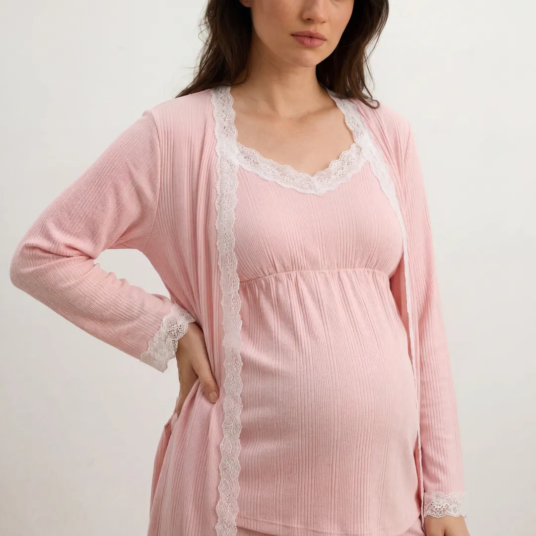 Pink maternity cotton lounge set lace trim cami and robe detail, upper body close-up crop