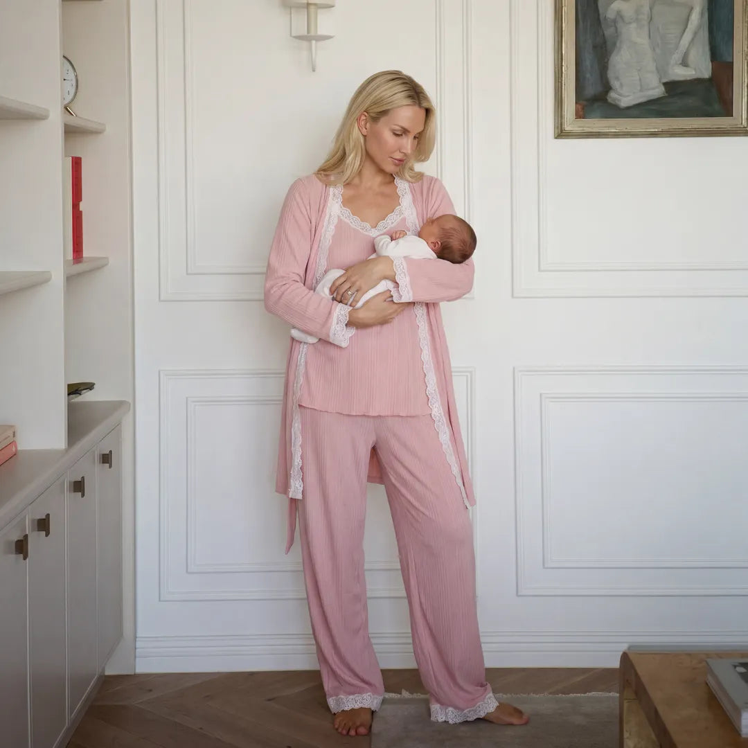 Pink maternity cotton lounge set lace robe and cami trousers, postpartum home lifestyle shot