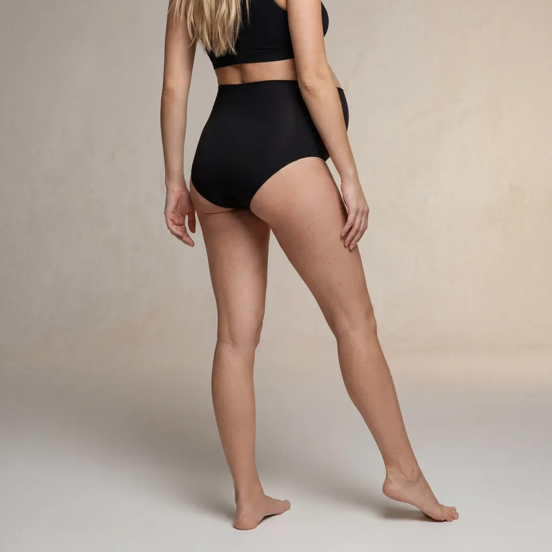 Black maternity seamless brief high-rise belly support, back view