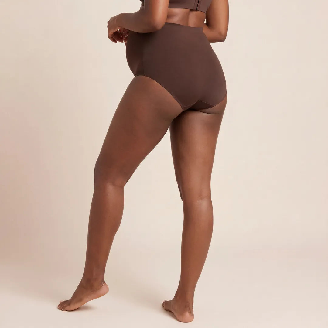 Chocolate maternity seamless brief high-rise belly support, pregnant model back view