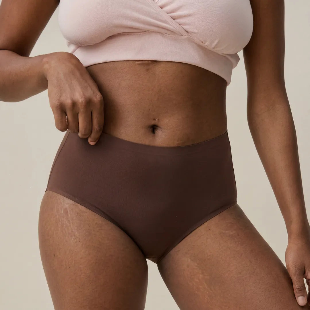 Chocolate maternity seamless brief high-rise belly support, pregnant model side view