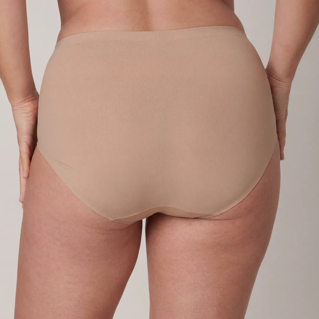 Taupe maternity seamless brief high-rise belly support, back view