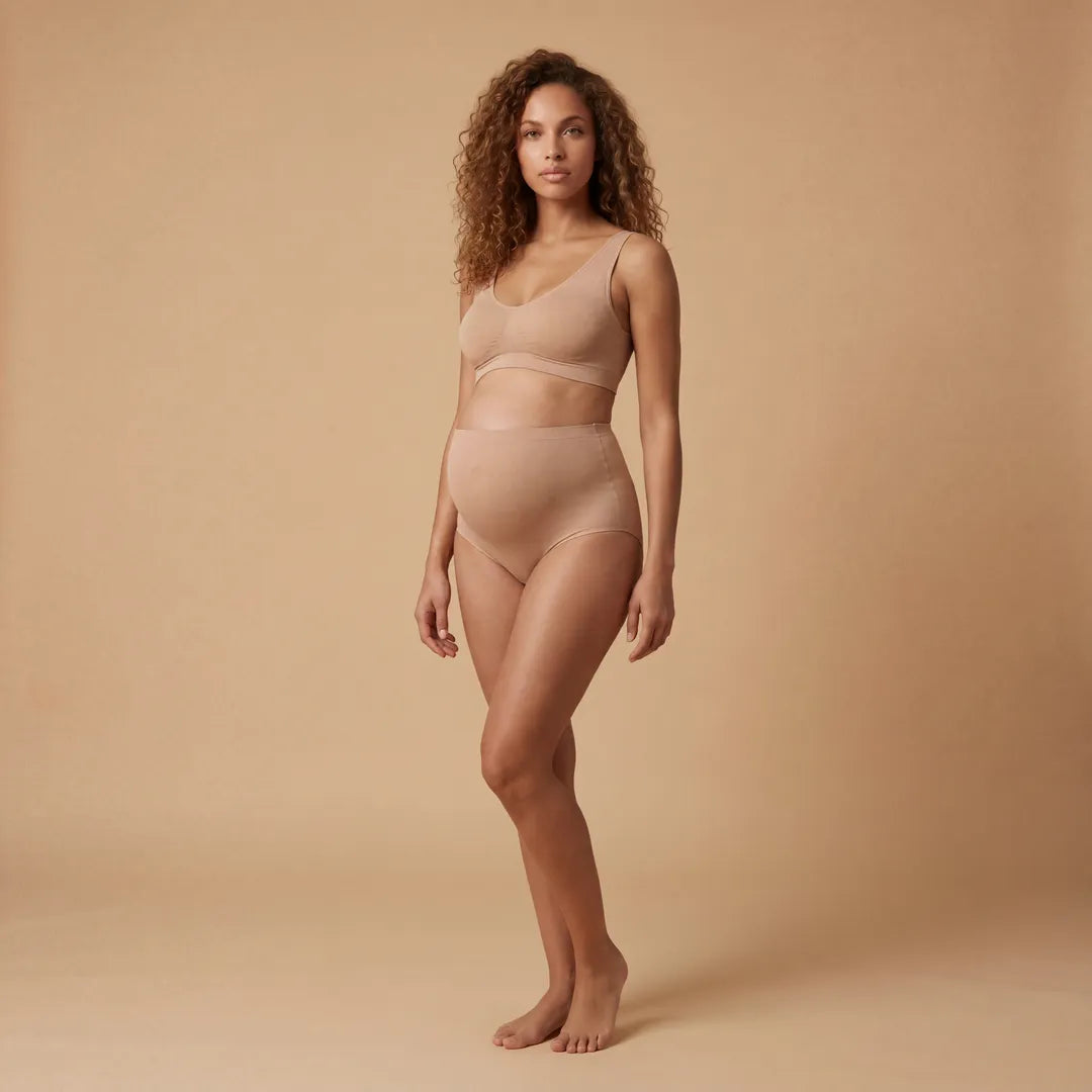 Taupe maternity seamless brief high-rise belly support, pregnant model full length view