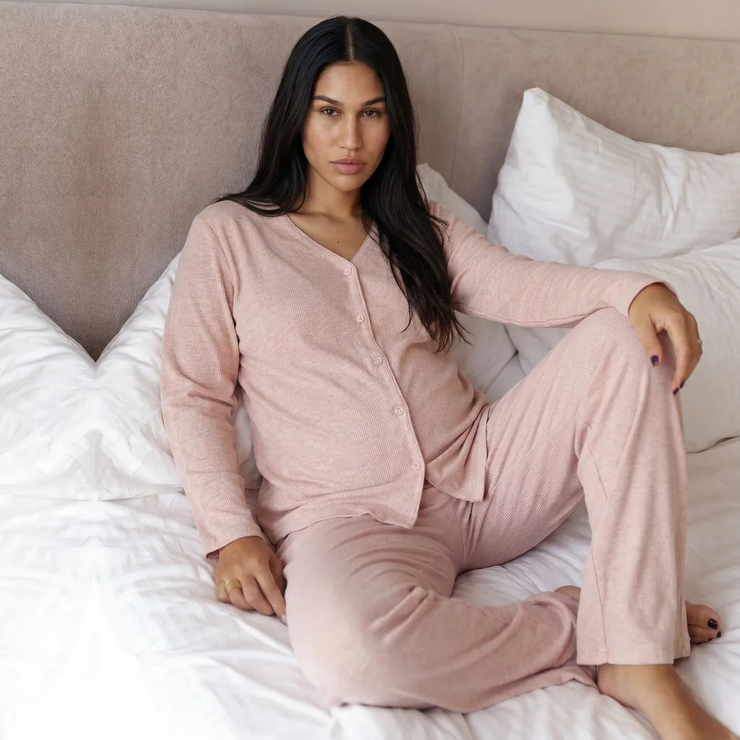 Blush maternity modal nursing set ribbed button-front nursing top, lifestyle seated bed shot