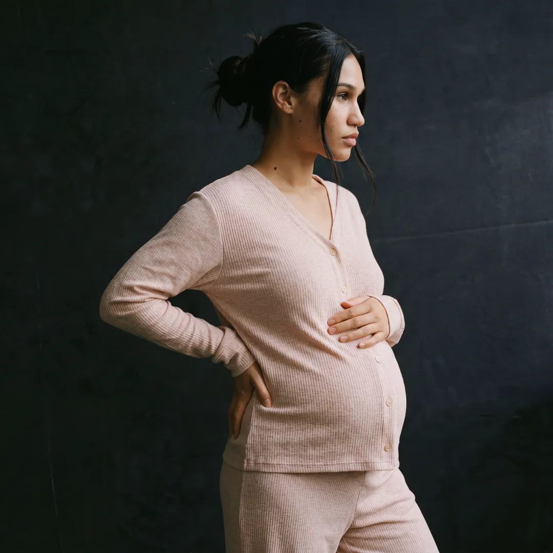 Blush maternity modal nursing set ribbed button-front nursing top, side profile maternity bump shot