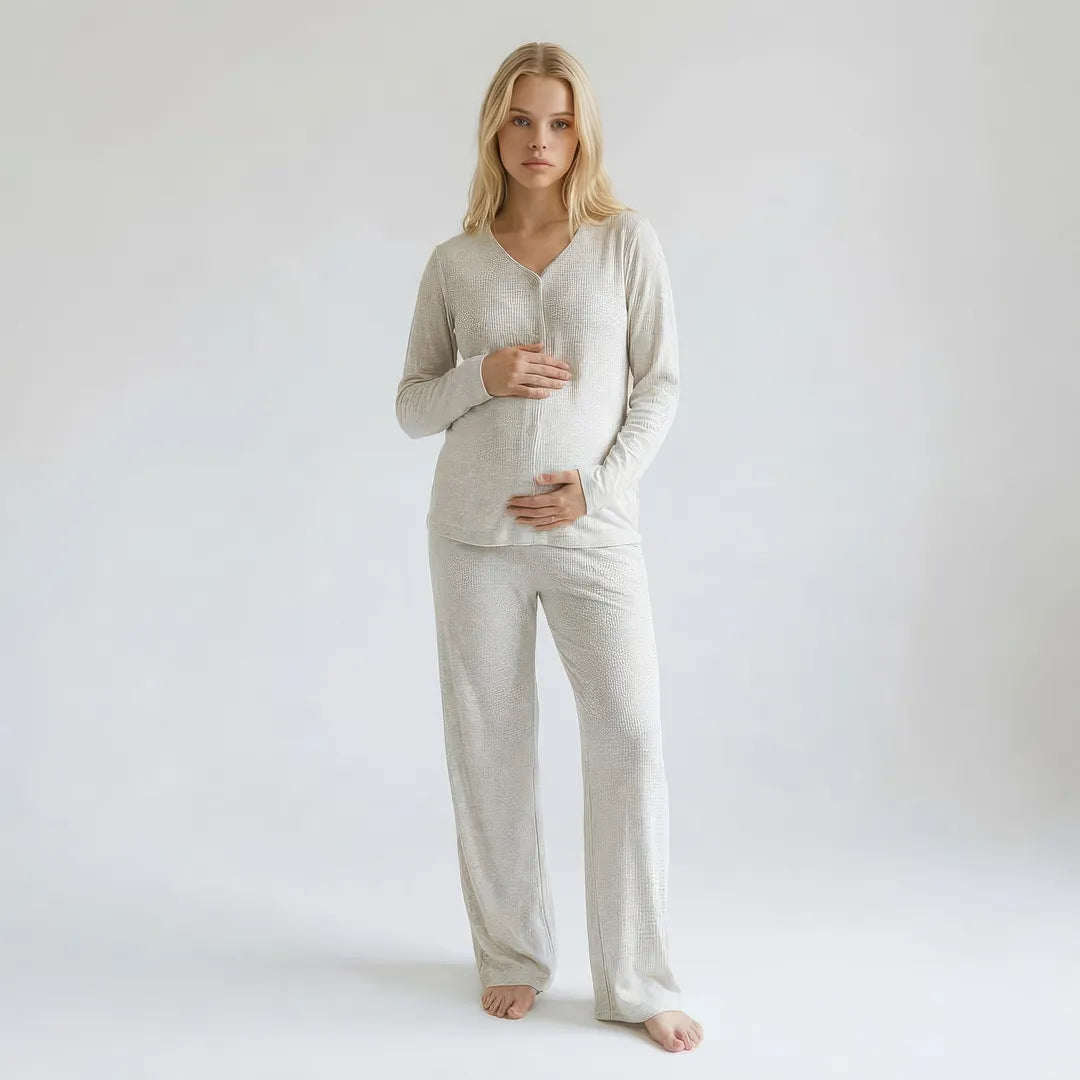 Oatmeal maternity modal nursing set soft ribbed button-front top, full body maternity standing shot