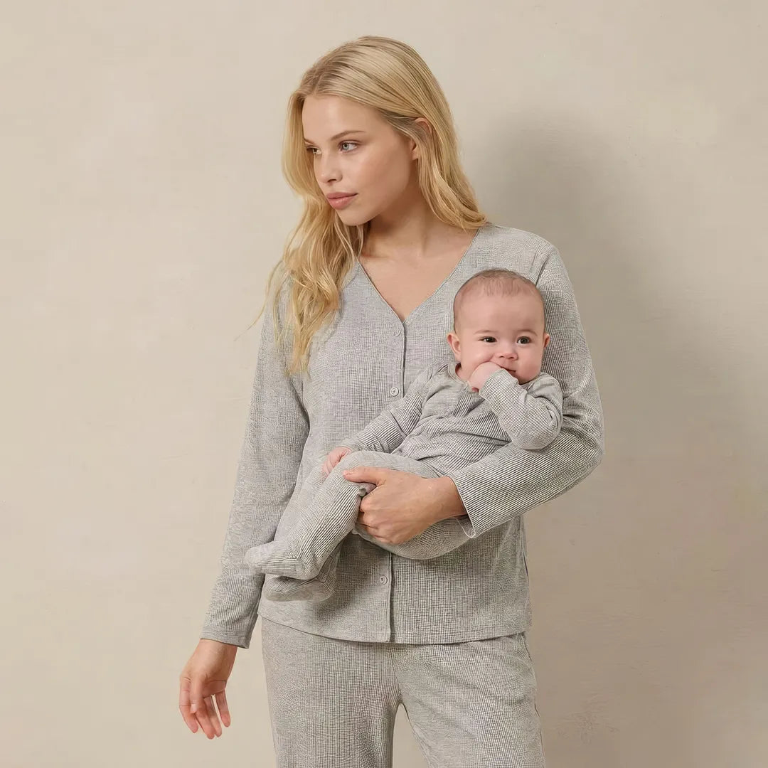 Oatmeal postpartum modal nursing set button-front nursing top, lifestyle holding newborn shot