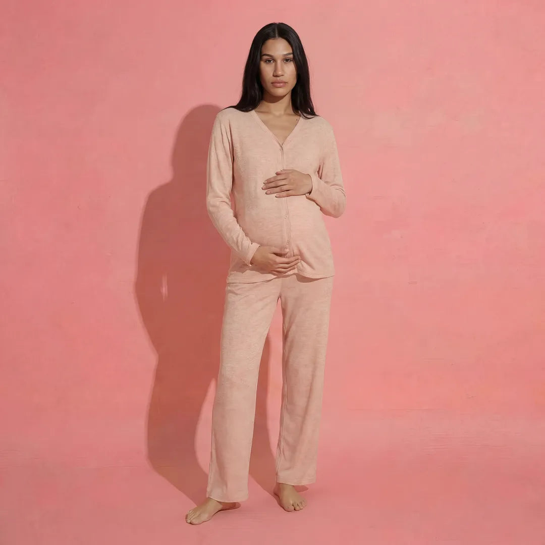 Peach maternity modal nursing set button-front nursing top, full body maternity standing shot