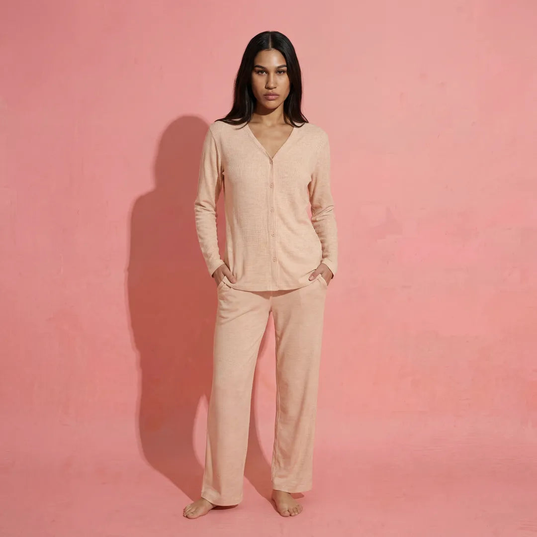 Peach maternity modal nursing set button-front nursing top and wide-leg trousers, full body studio standing shot
