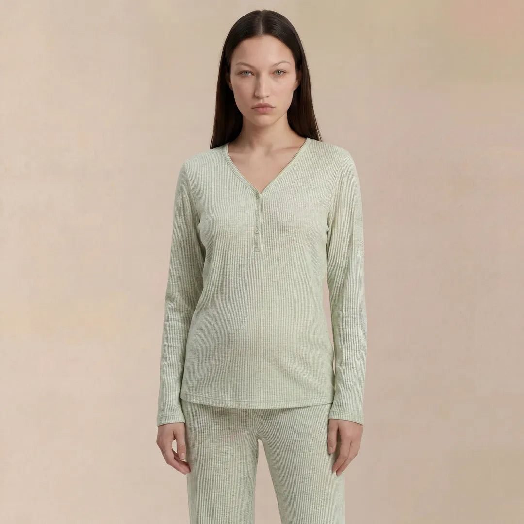 Sage maternity modal nursing set ribbed v-neck nursing top, studio torso shot