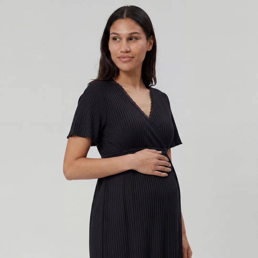 Black maternity night nursing dress wrap lace neckline trim, upper body maternity detail shot