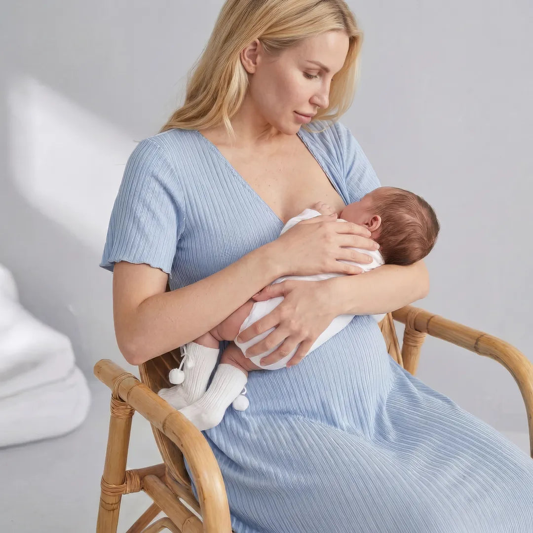 Blue postpartum night nursing dress wrap front flutter sleeves, lifestyle seated breastfeeding shot