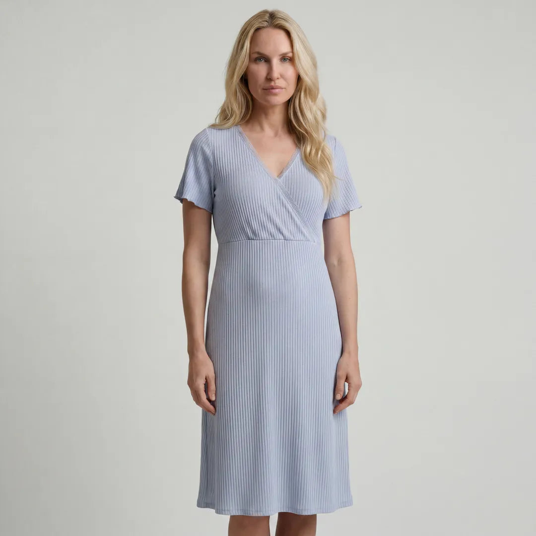 Blue maternity night nursing dress ribbed wrap front with flutter sleeves, full body clean studio standing shot