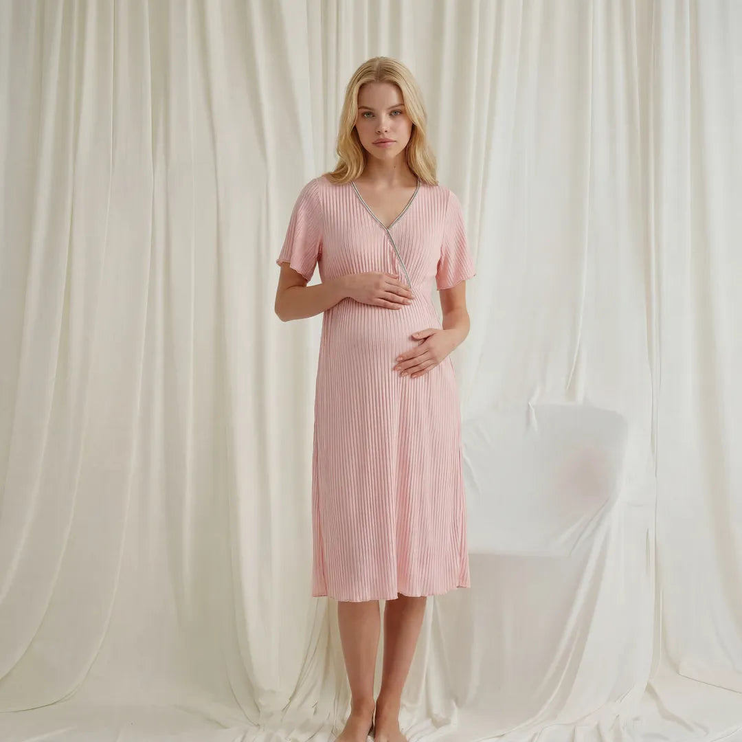 Pink maternity night nursing dress ribbed wrap front flutter sleeves, full body maternity bump standing shot