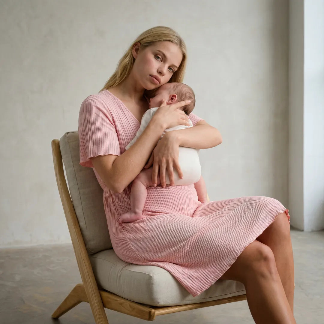 Pink postpartum night nursing dress ribbed wrap front flutter sleeves, lifestyle seated holding newborn shot