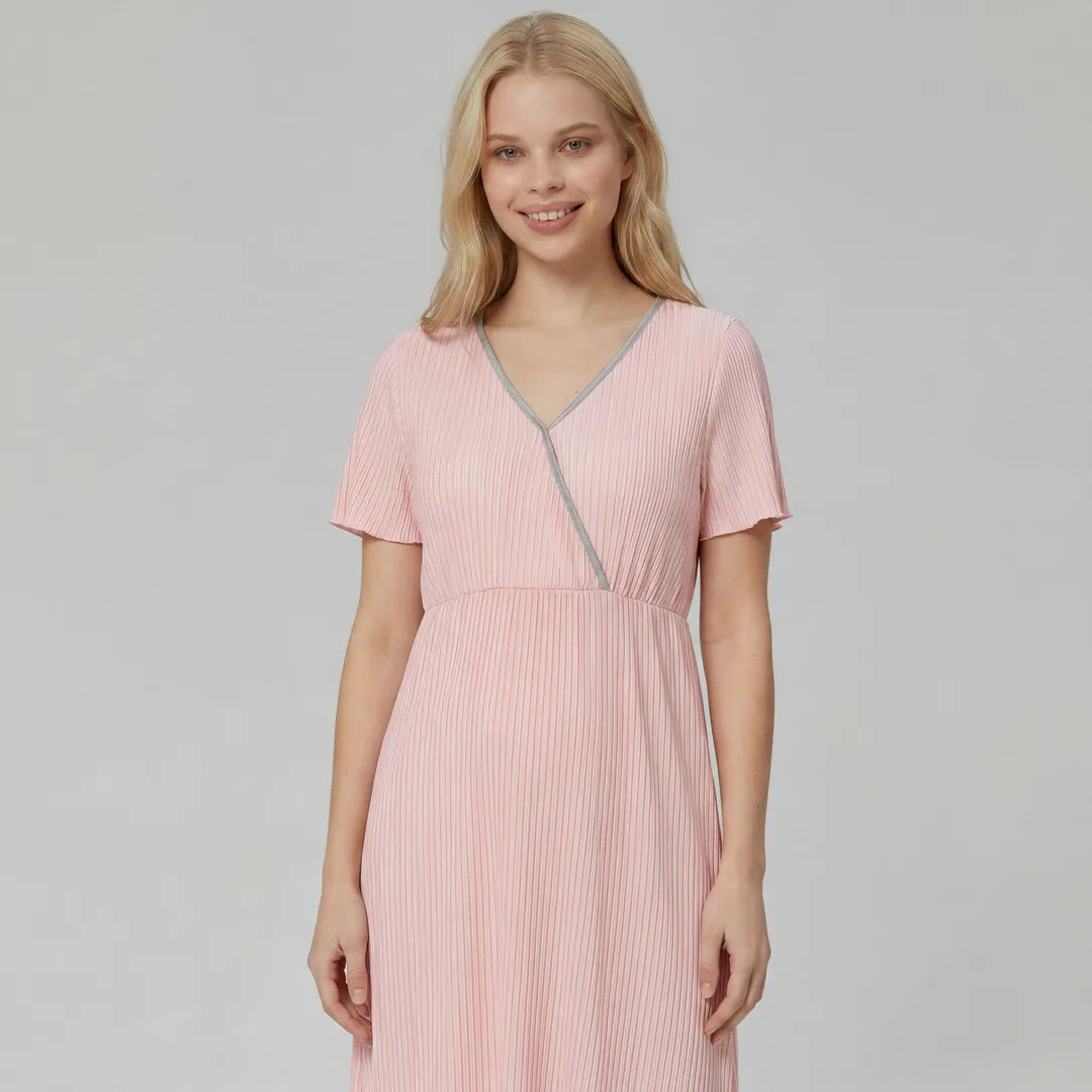 Pink maternity night nursing dress ribbed wrap front with contrast trim, upper body smiling detail shot