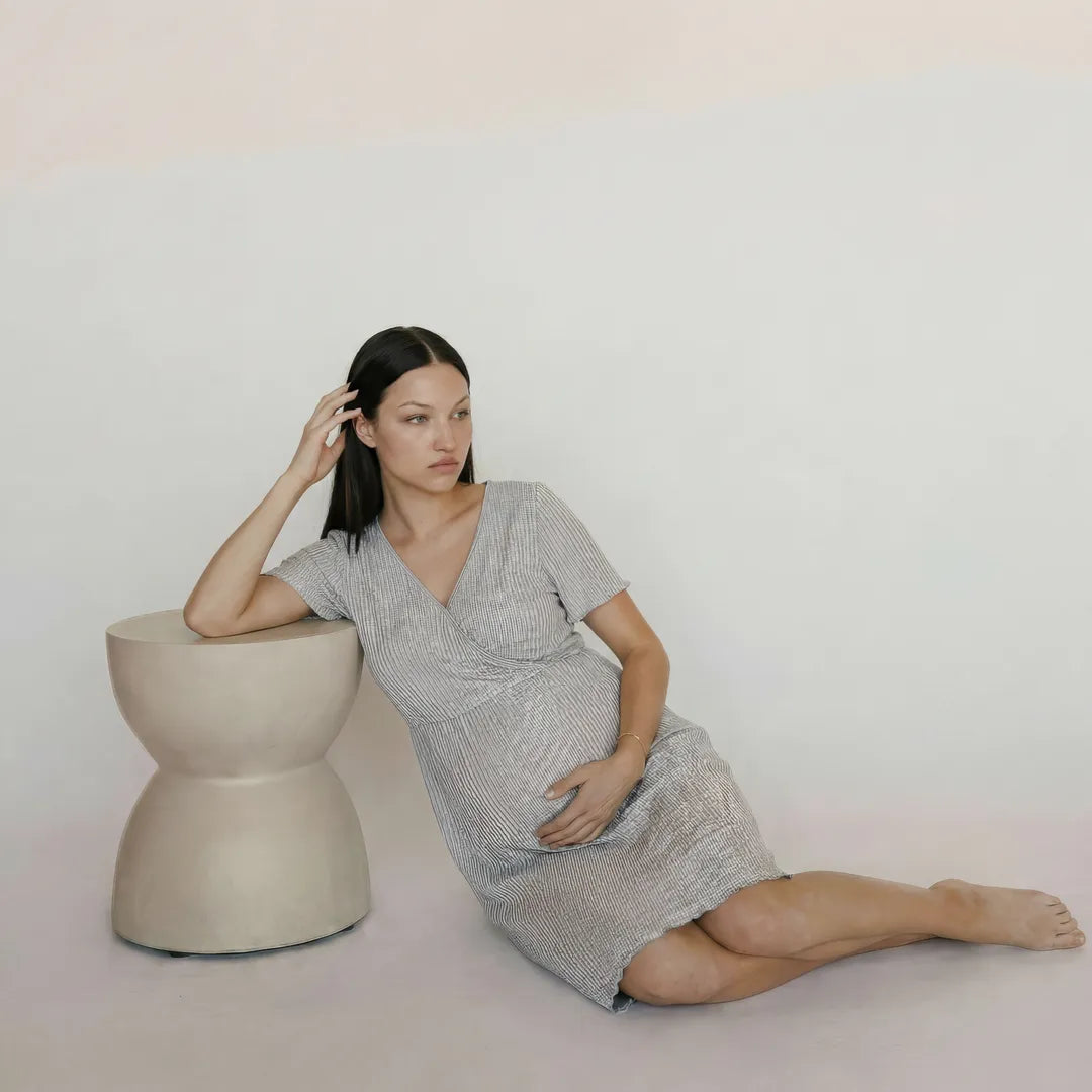 Silver grey maternity night nursing dress ribbed wrap front, portrait upper body detail shot