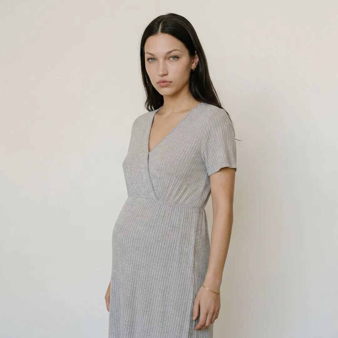Silver grey maternity night nursing dress ribbed wrap front, full body maternity lifestyle standing shot