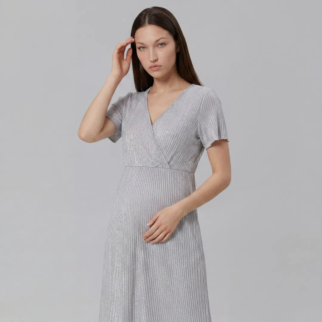Silver grey maternity night nursing dress ribbed wrap front, upper body angled studio shot