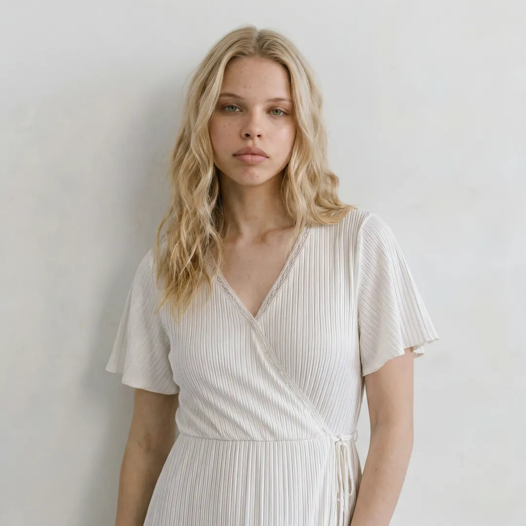 White maternity night nursing dress ribbed wrap front with lace neckline, portrait upper body detail shot
