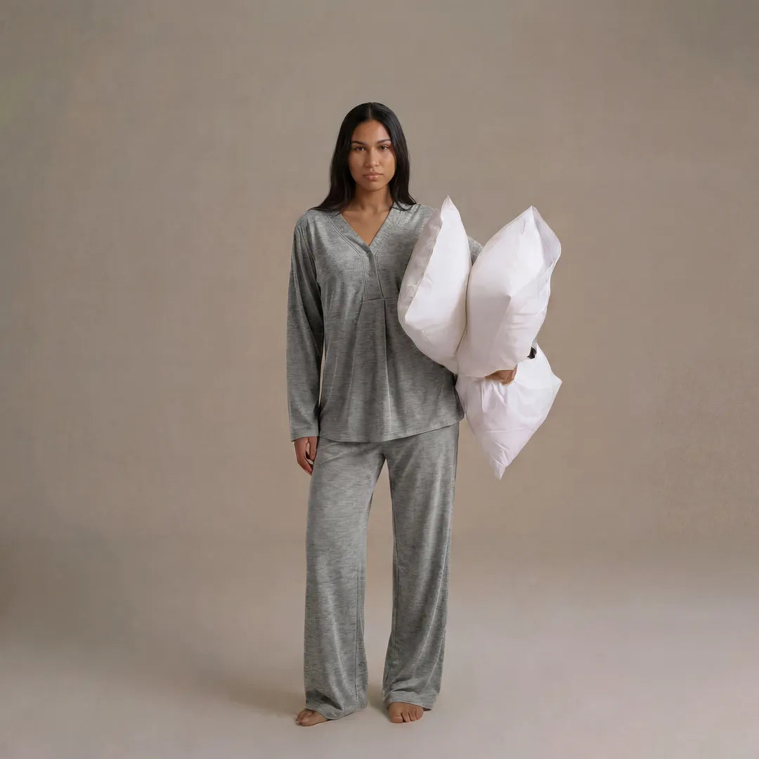 Grey maternity nursing pyjama set wide leg relaxed silhouette, full length studio shot with pillows