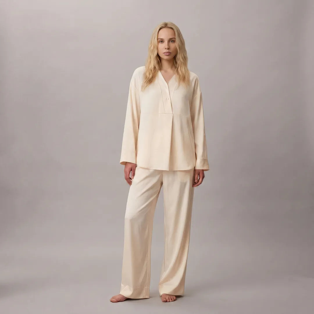 Yellow maternity nursing pyjama set V-neck button top wide leg trousers, full length front studio view