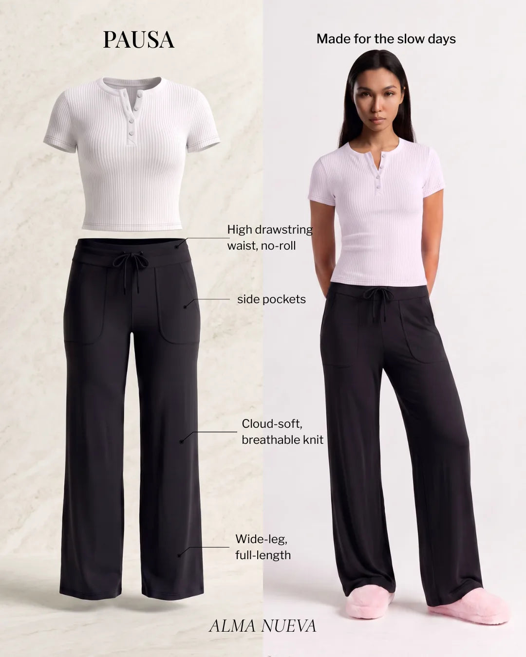 A product catalog graphic showing the PAUSA brand lounge set in Alma Nueva. The left side shows a flat lay of a white short-sleeve ribbed henley top and black wide-leg knit pants with feature callouts.