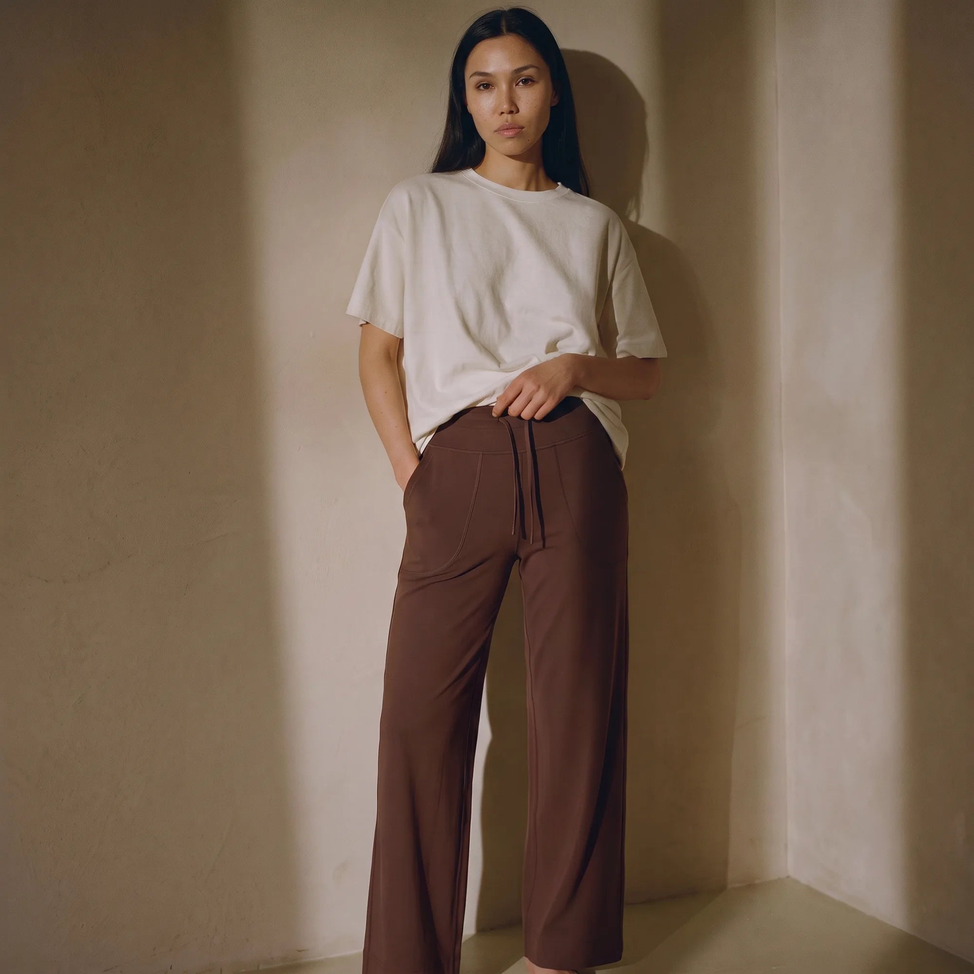 A woman stands in a minimalist corner with textured beige walls, wearing a loose white t-shirt and brown wide-leg trousers.