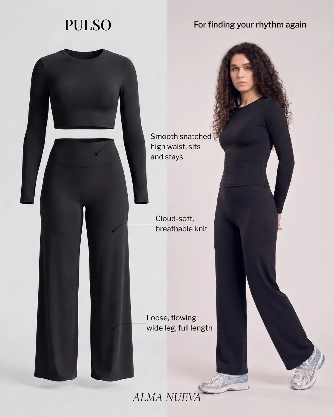 Alma Nueva Pulso high-waisted wide-leg postpartum trouser features, snatched high waist, cloud-soft breathable knit, loose flowing full-length leg