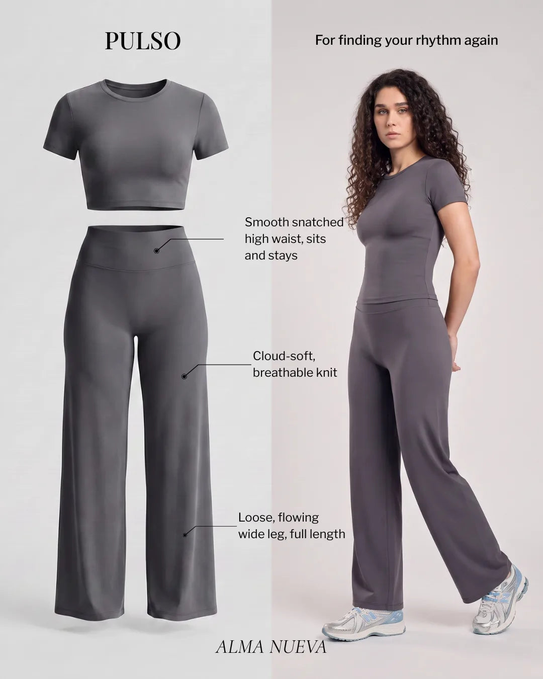 Alma Nueva Pulso high-waisted wide-leg postpartum trouser features, snatched high waist, cloud-soft breathable knit, loose flowing full-length leg
