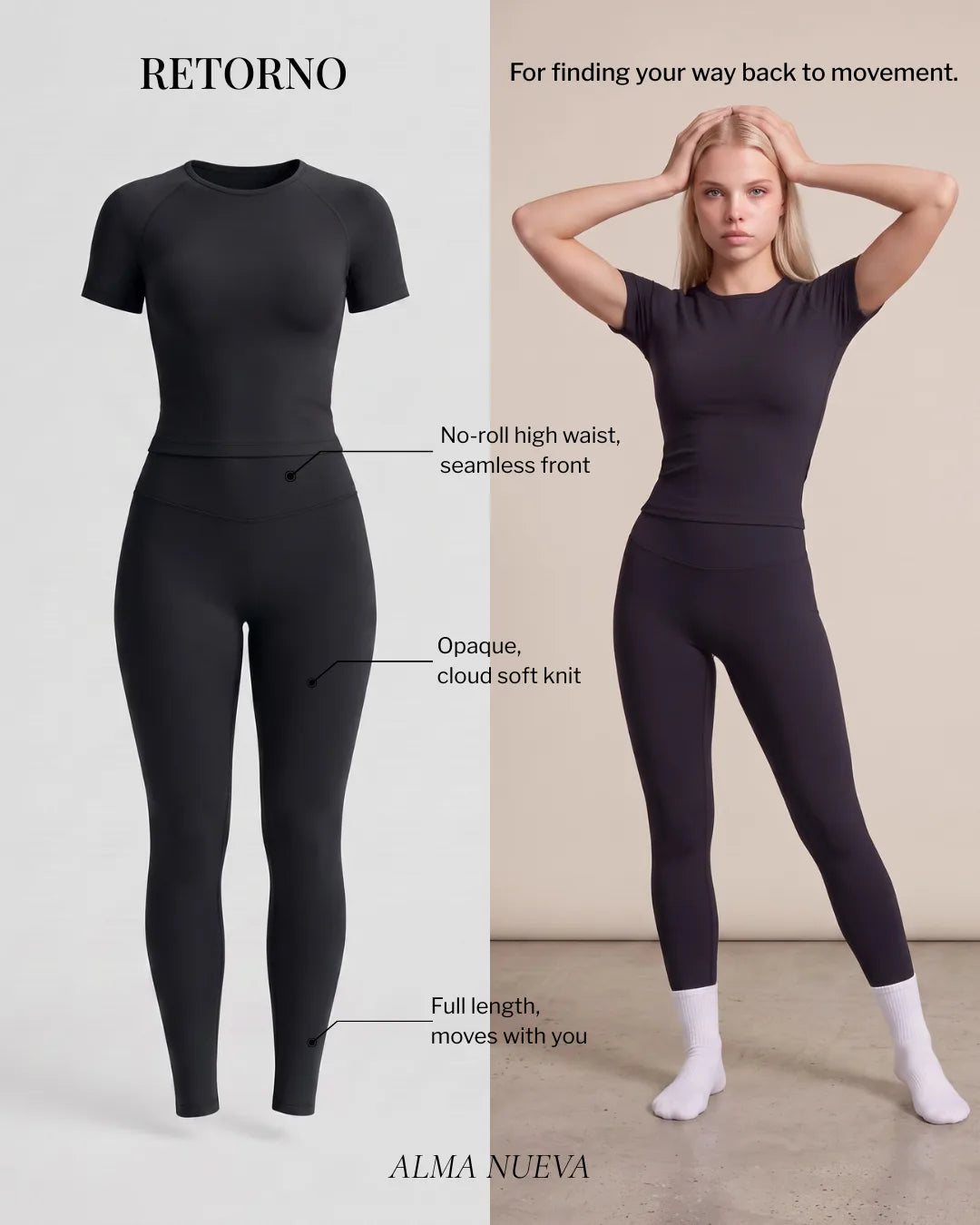 Alma Nueva Retorno high-waisted postpartum legging features, no-roll waist, seamless front, opaque cloud-soft knit, full length