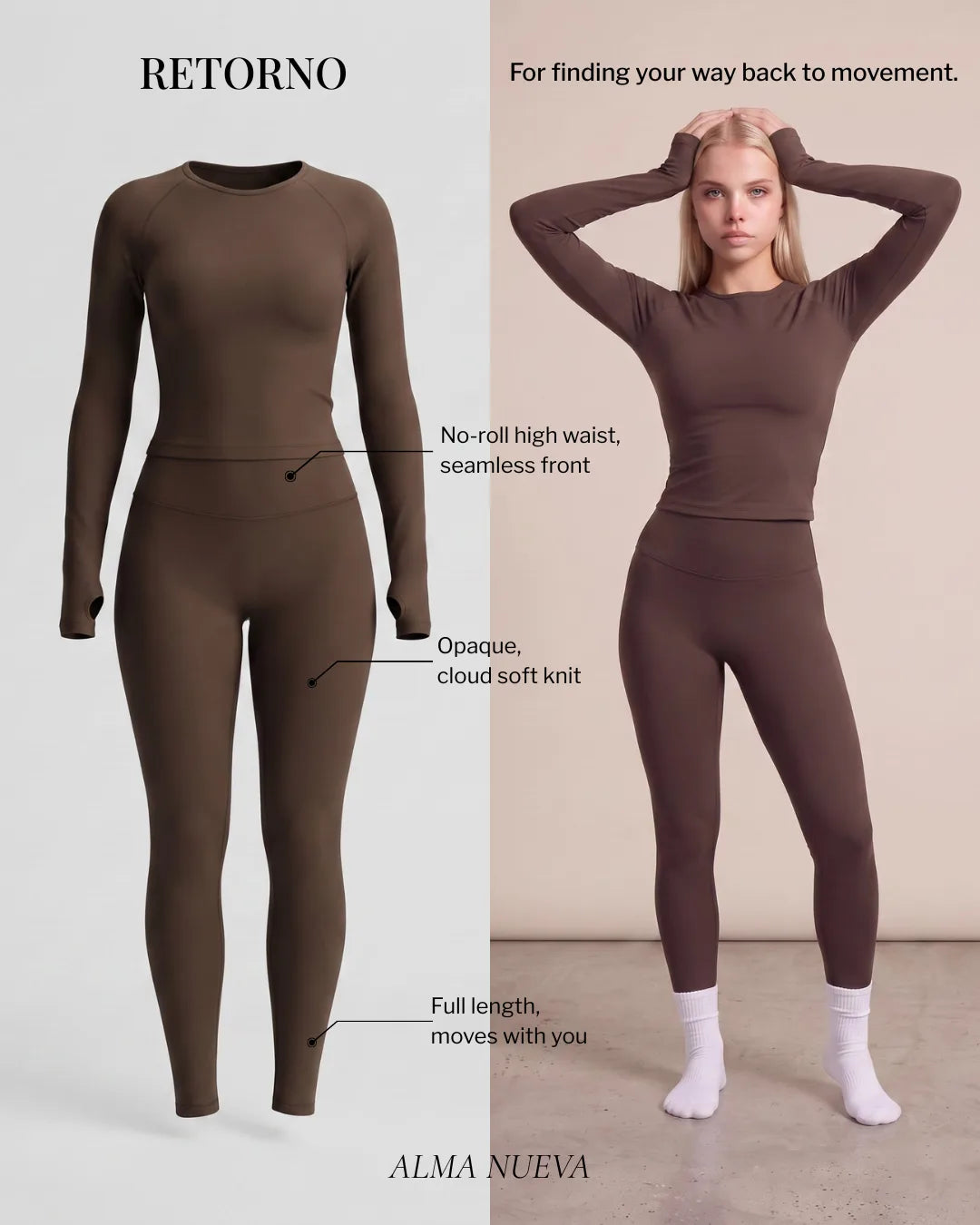 Alma Nueva Retorno high-waisted postpartum legging features, no-roll waist, seamless front, opaque cloud-soft knit, full length