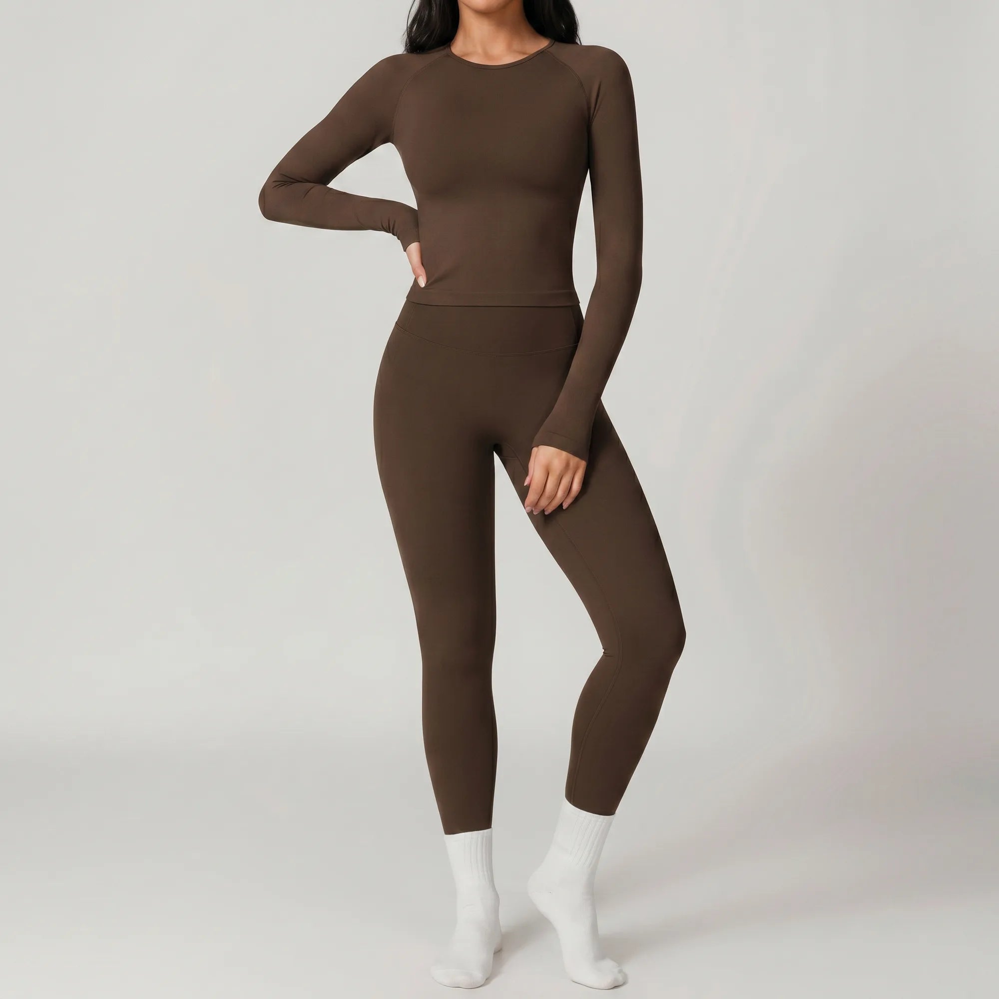 Chocolate brown Retorno high-waisted postpartum legging, front view
