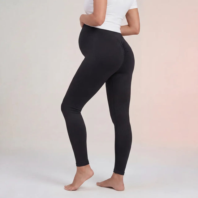 Black maternity seamless leggings scrunch back detail, rear three-quarter view
