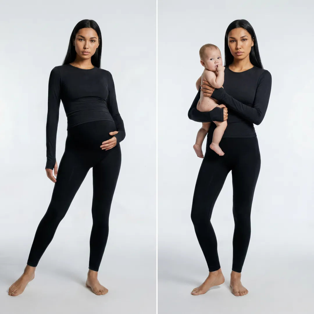 Black maternity seamless leggings worn during pregnancy and postpartum, composite two-panel view