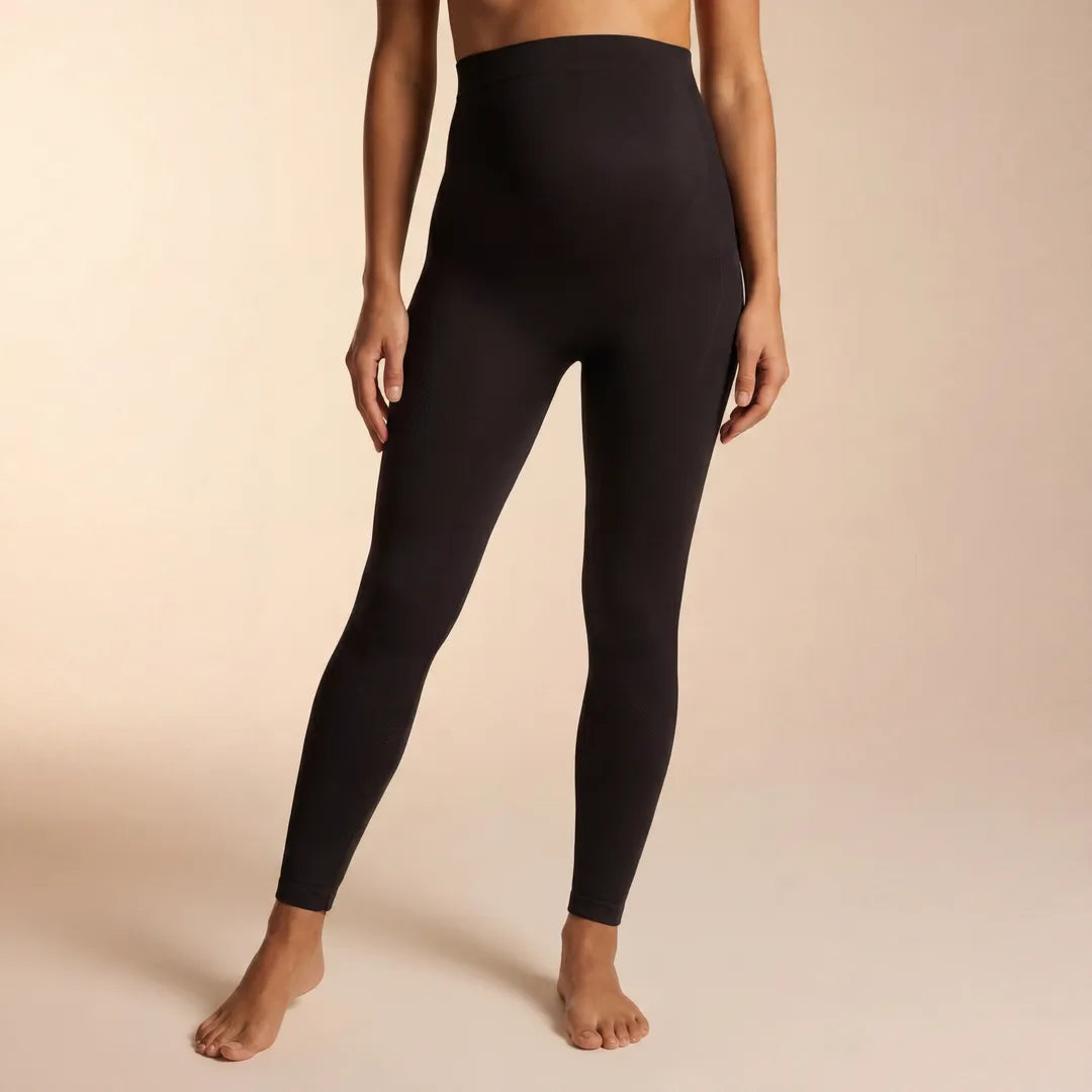 Black maternity seamless leggings high rise waistband panel, cropped front view