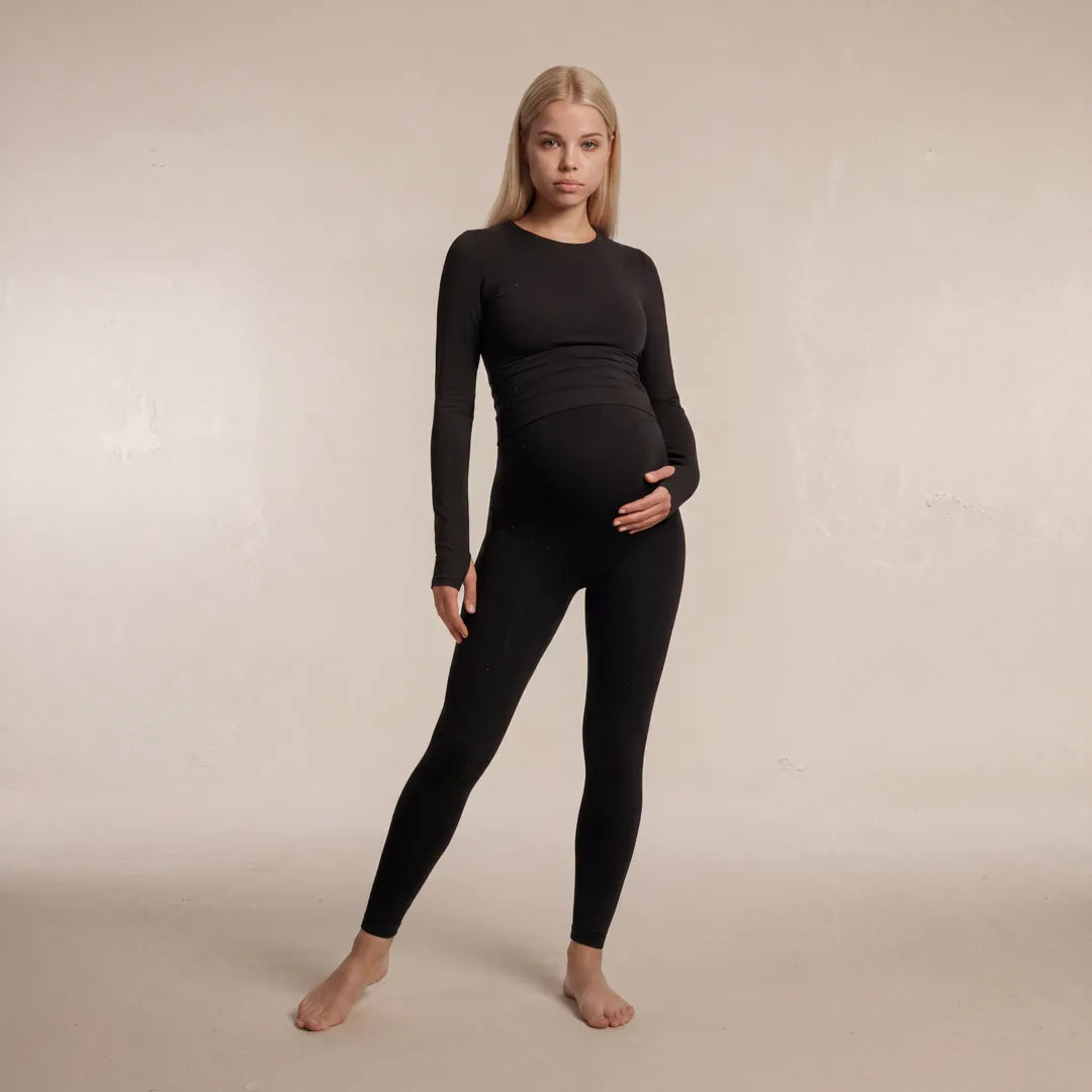 Black maternity seamless leggings over-belly support panel, full length front view