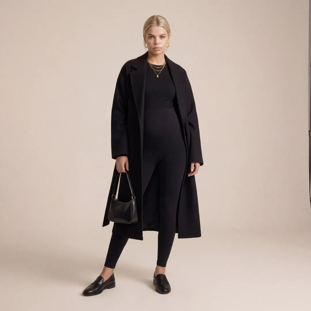 Black maternity seamless leggings smart casual outfit styling, full length lifestyle shot
