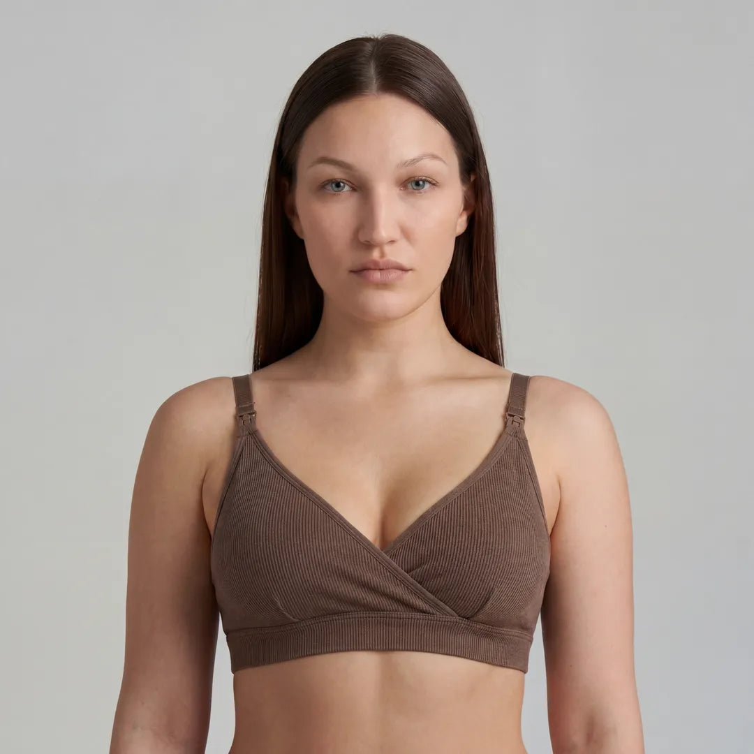 Mocha seamless nursing bra crossover wrap cup with adjustable straps, upper body studio portrait shot
