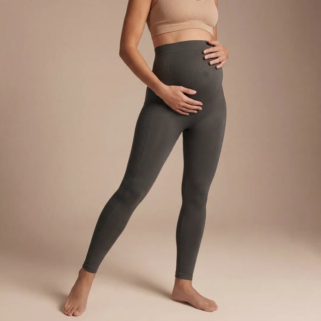 Charcoal maternity seamless leggings over-belly support panel, cropped front bump view