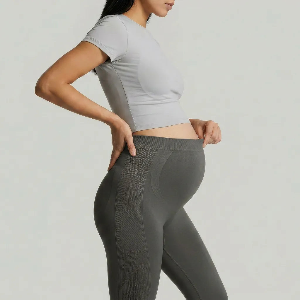 Charcoal maternity seamless leggings over-belly stretch panel, side waistband detail