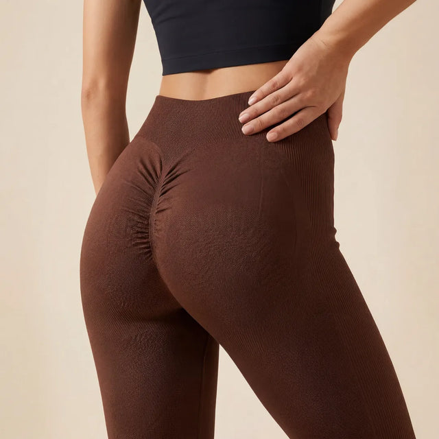 Chocolate maternity seamless leggings ribbed texture scrunch back, close-up rear detail