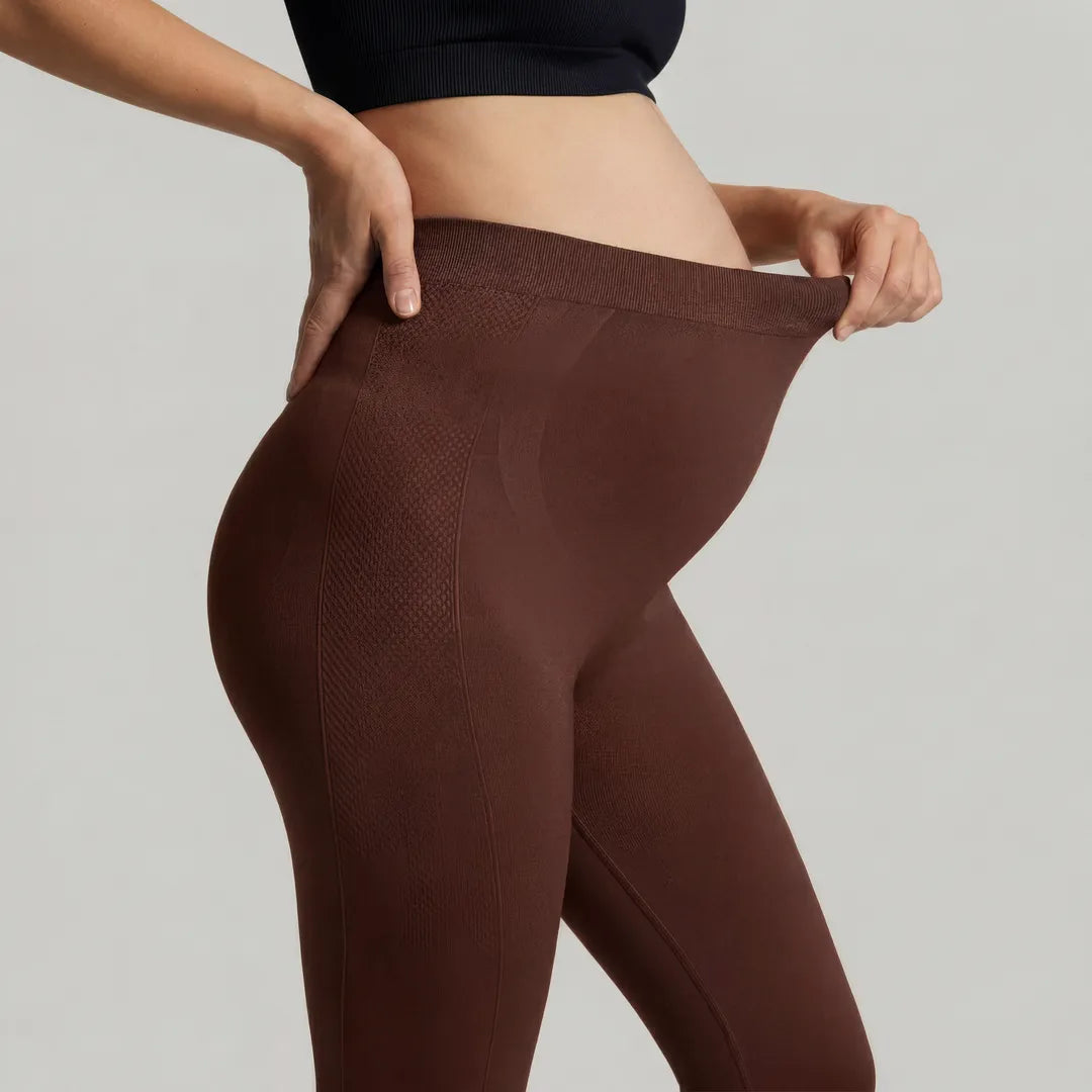 Chocolate maternity seamless leggings expandable over-belly panel, close-up waistband stretch
