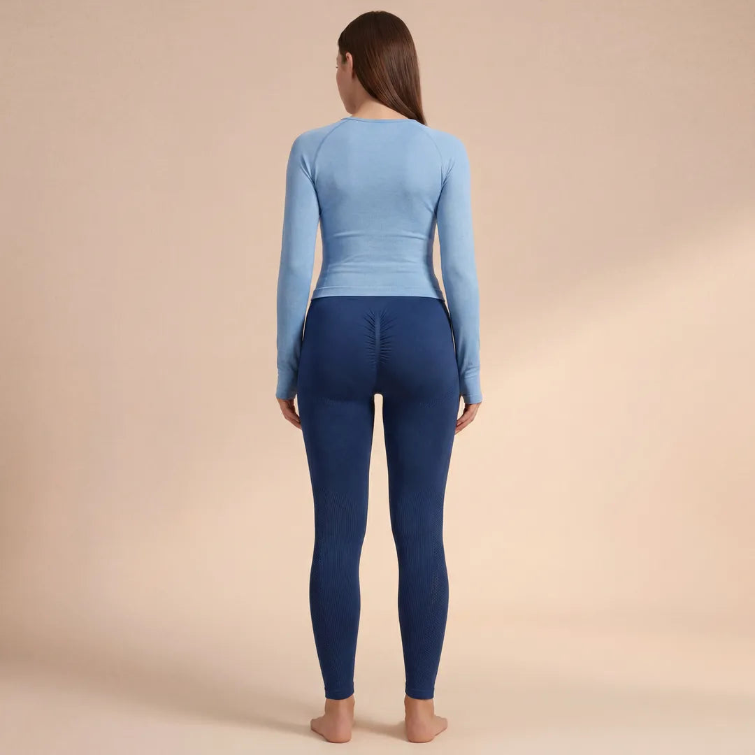Navy maternity seamless leggings scrunch back detail, full length rear view