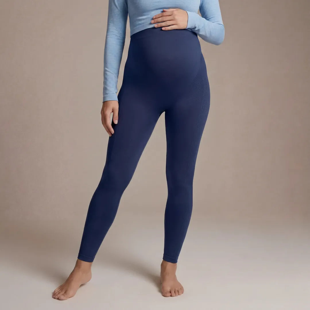 Navy maternity seamless leggings high rise over-belly panel, cropped front view