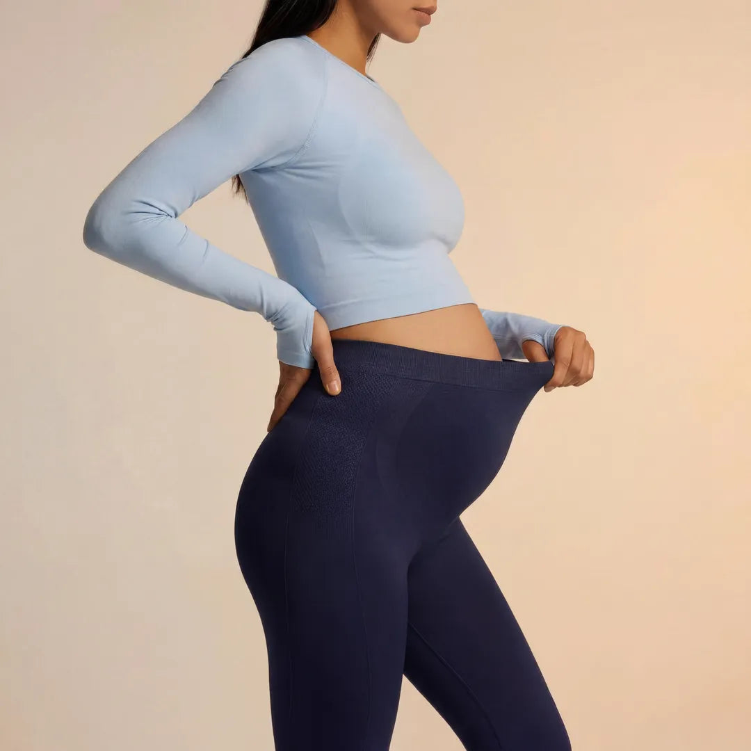 Navy maternity seamless leggings stretchy over-belly panel, side waistband stretch detail